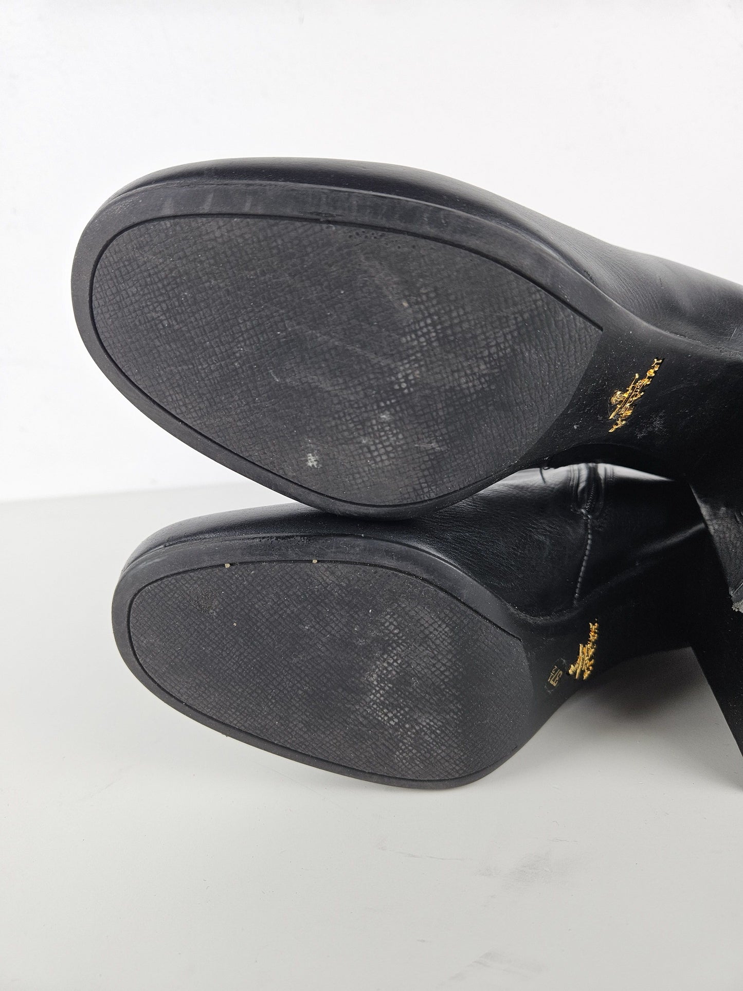 Prada calf leather side zip block heel ankle boots