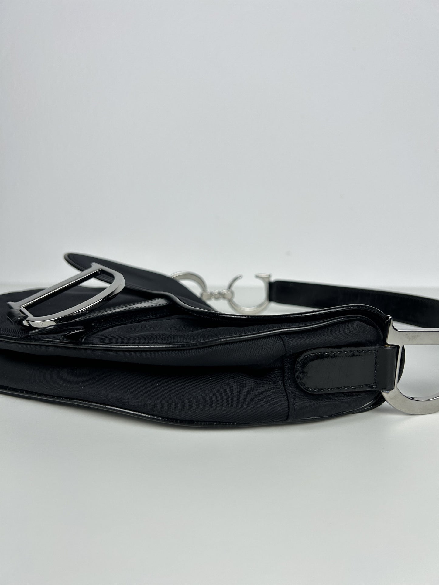 2001 Dior black satin and patent leather saddle bag