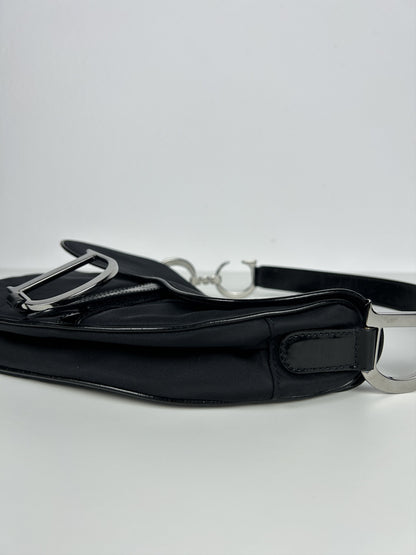 2001 Dior black satin and patent leather saddle bag