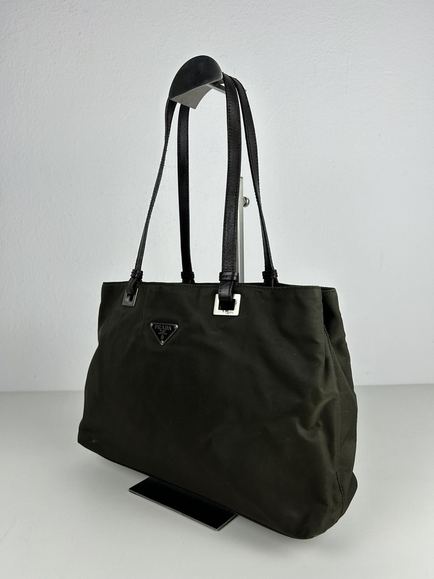 Vintage y2k prada nylon and leather triangle logo tote bag