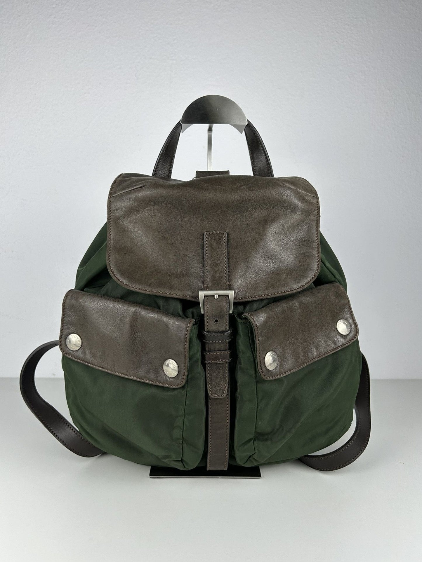 Vintage Prada nylon and leather triangle logo cargo backpack