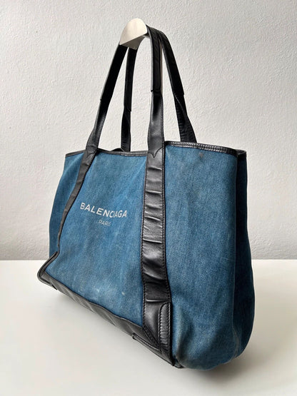 Balenciaga denim leather navy cabas m tote bag with pouch
