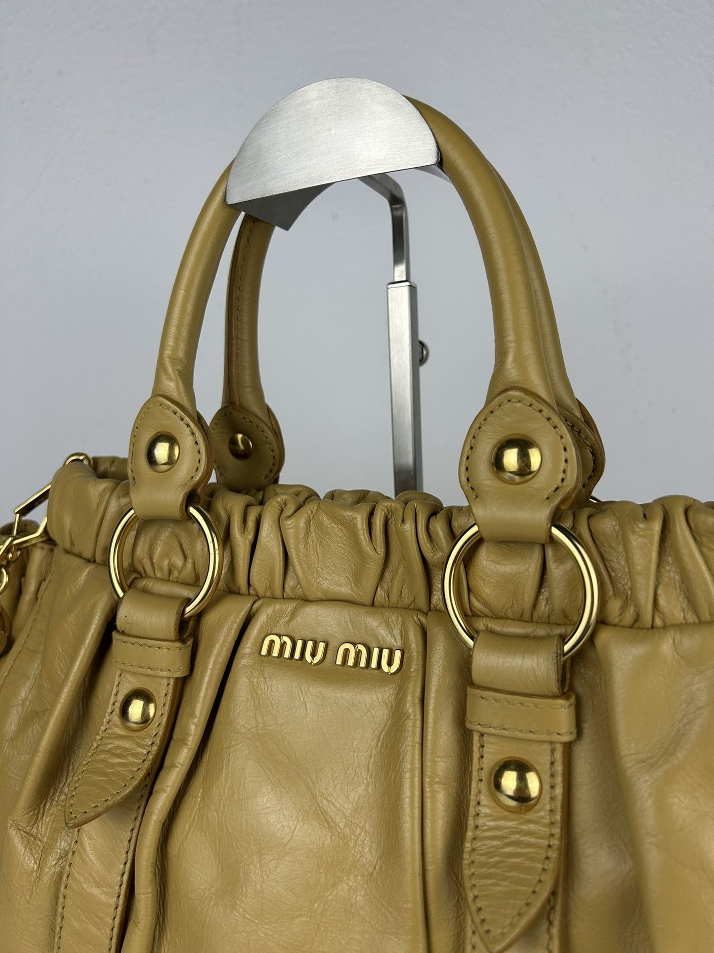 Miu miu vitello bauletto aperto gathered leather bag in buttery