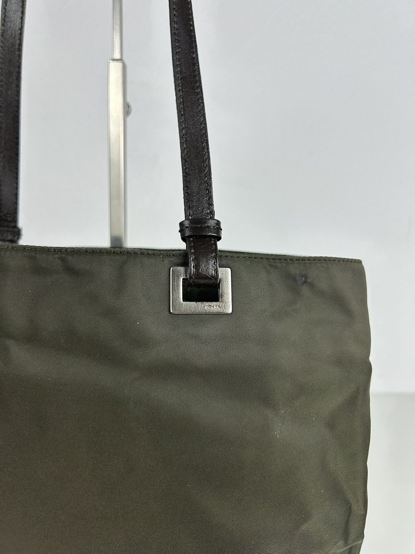 Vintage y2k prada nylon and leather triangle logo tote bag