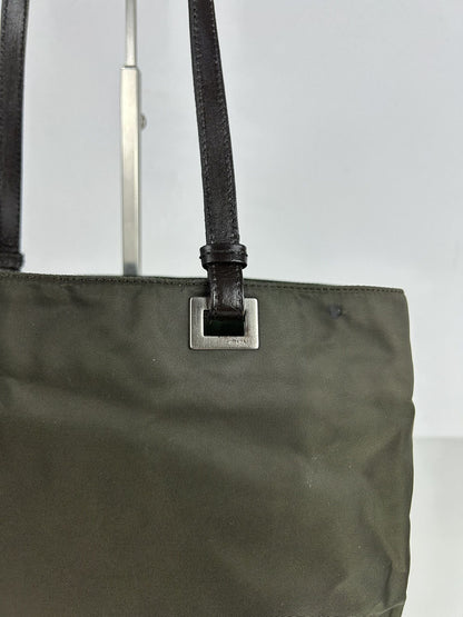 Vintage y2k prada nylon and leather triangle logo tote bag