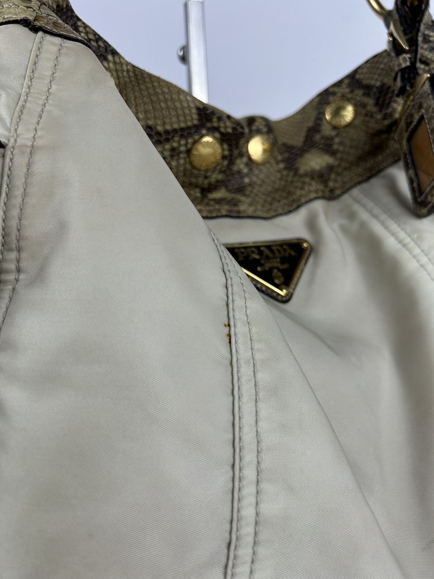 Prada python and nylon triangle logo hobo handbag