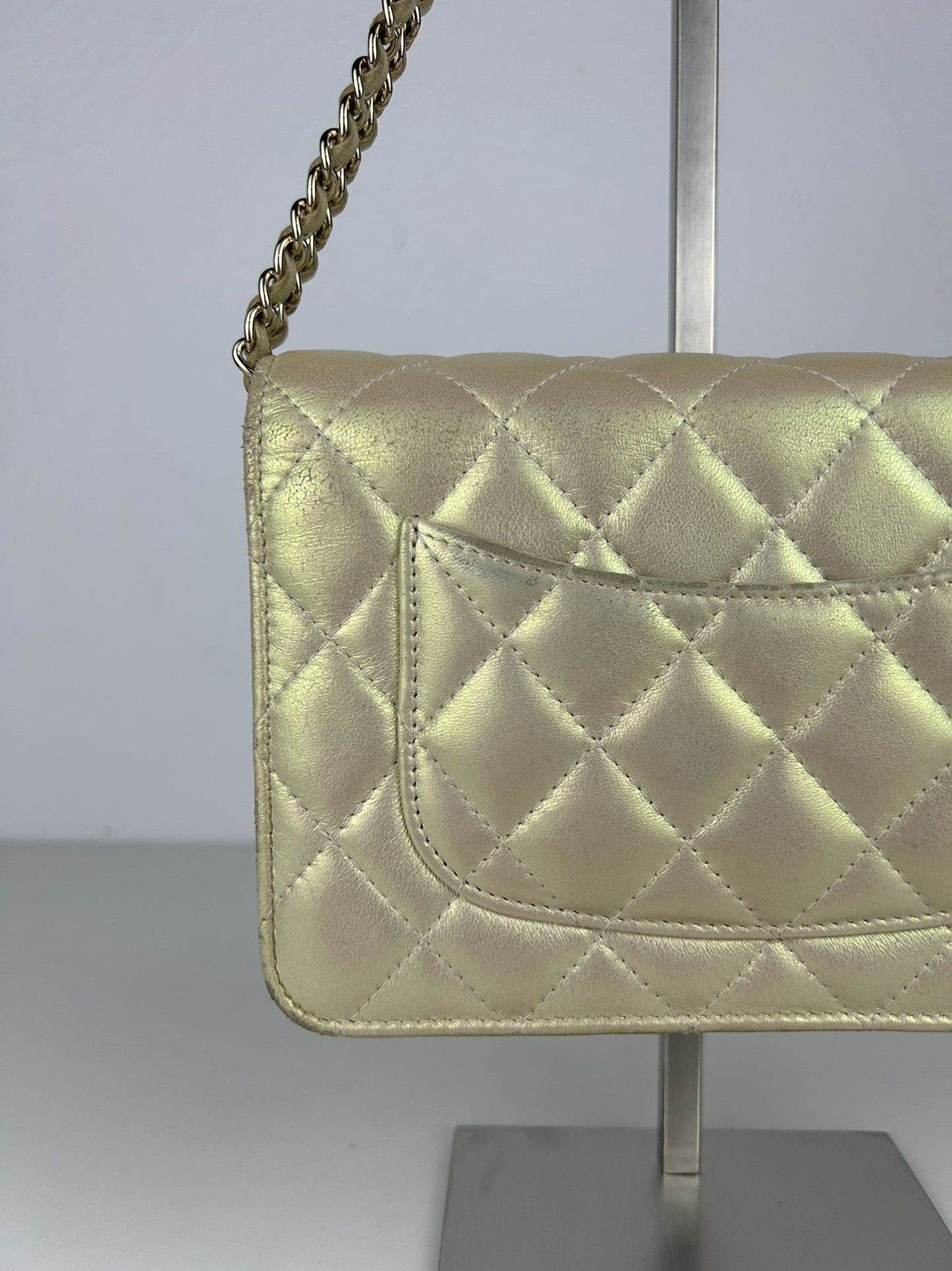 2020 Chanel gold metallic matelasse wallet on chain