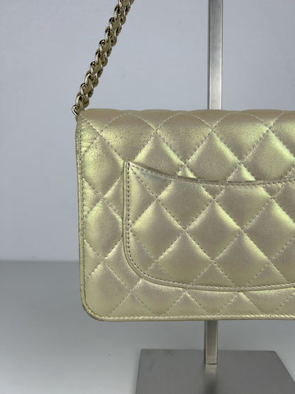 2020 Chanel gold metallic matelasse wallet on chain