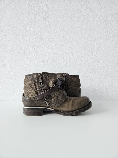 Archive AS98 olive leather bondage side zip ankle boots