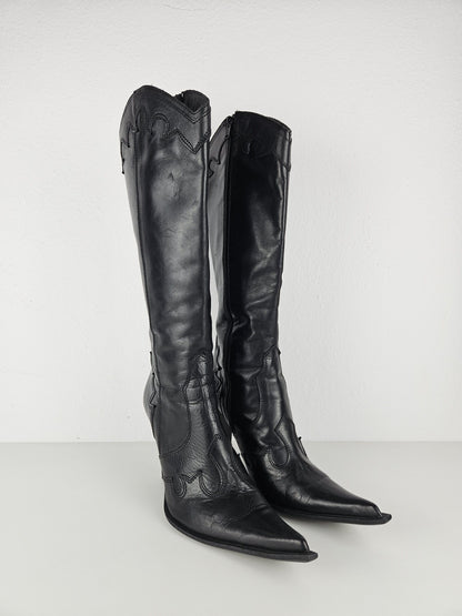 Vintage leather high heel pointed toe cowboy boots