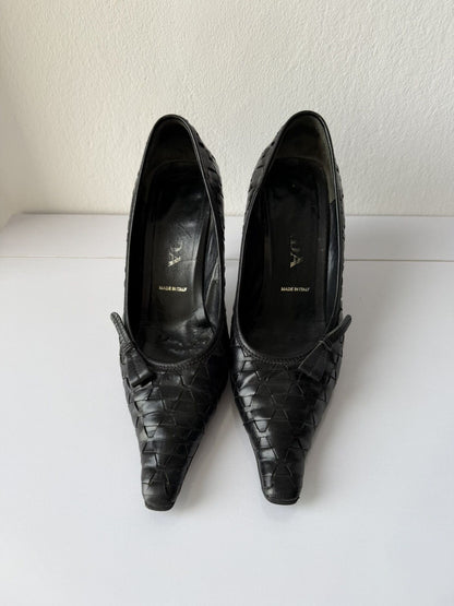 Prada woven leather long toe pumps with bow