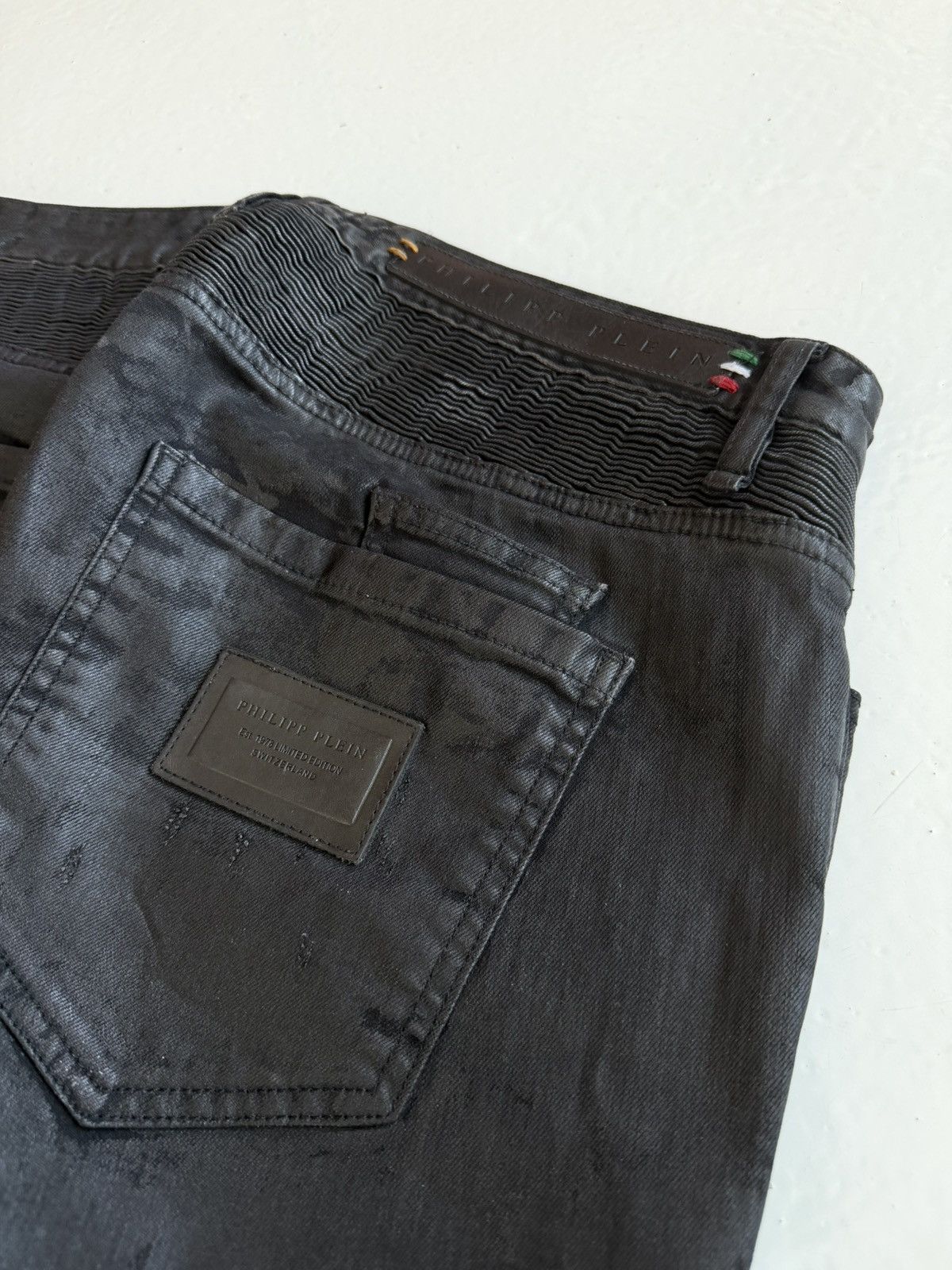 Philipp Plein born&raised distressed waxed biker denim
