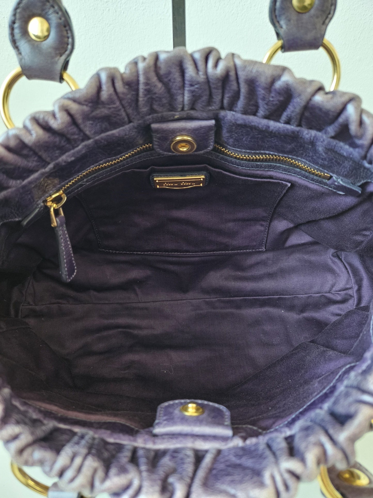 Miu miu vitello bauletto aperto gathered leather handbag