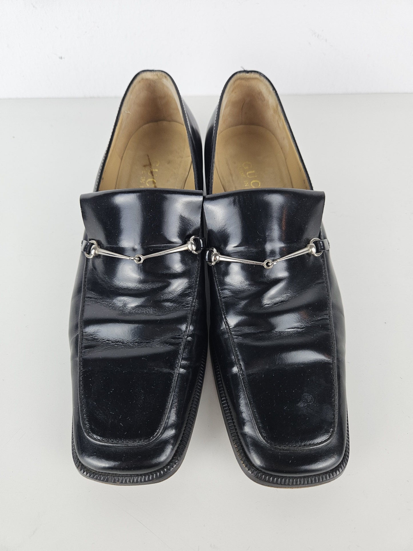 Vintage Gucci patent leather low block heel horsebit loafers