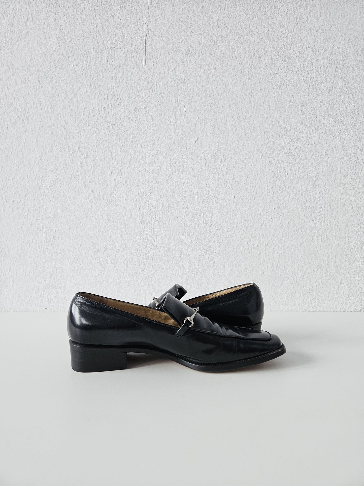 Vintage Gucci patent leather low block heel horsebit loafers
