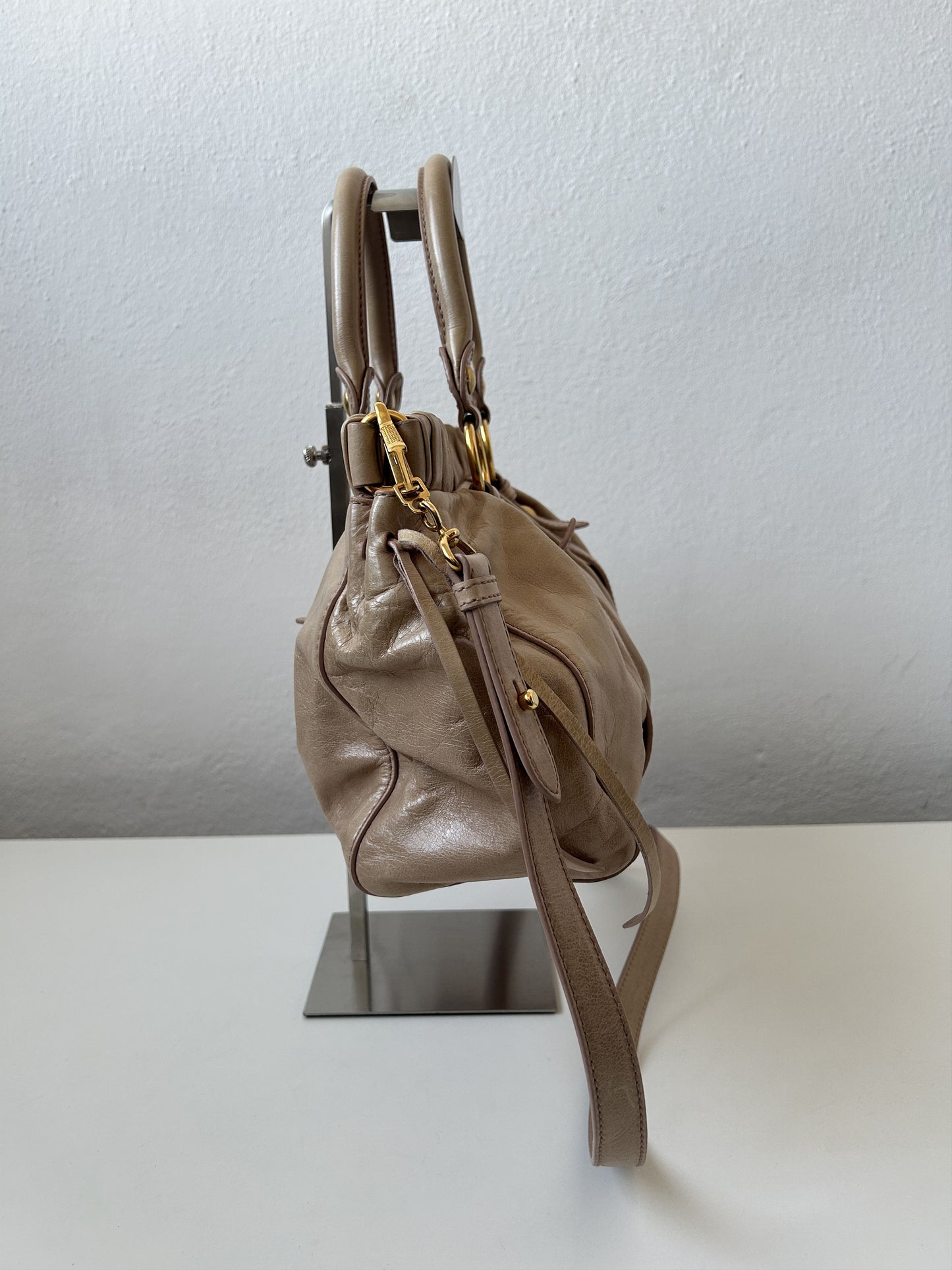 Miu miu vitello bauletto aperto gathered leather handbag