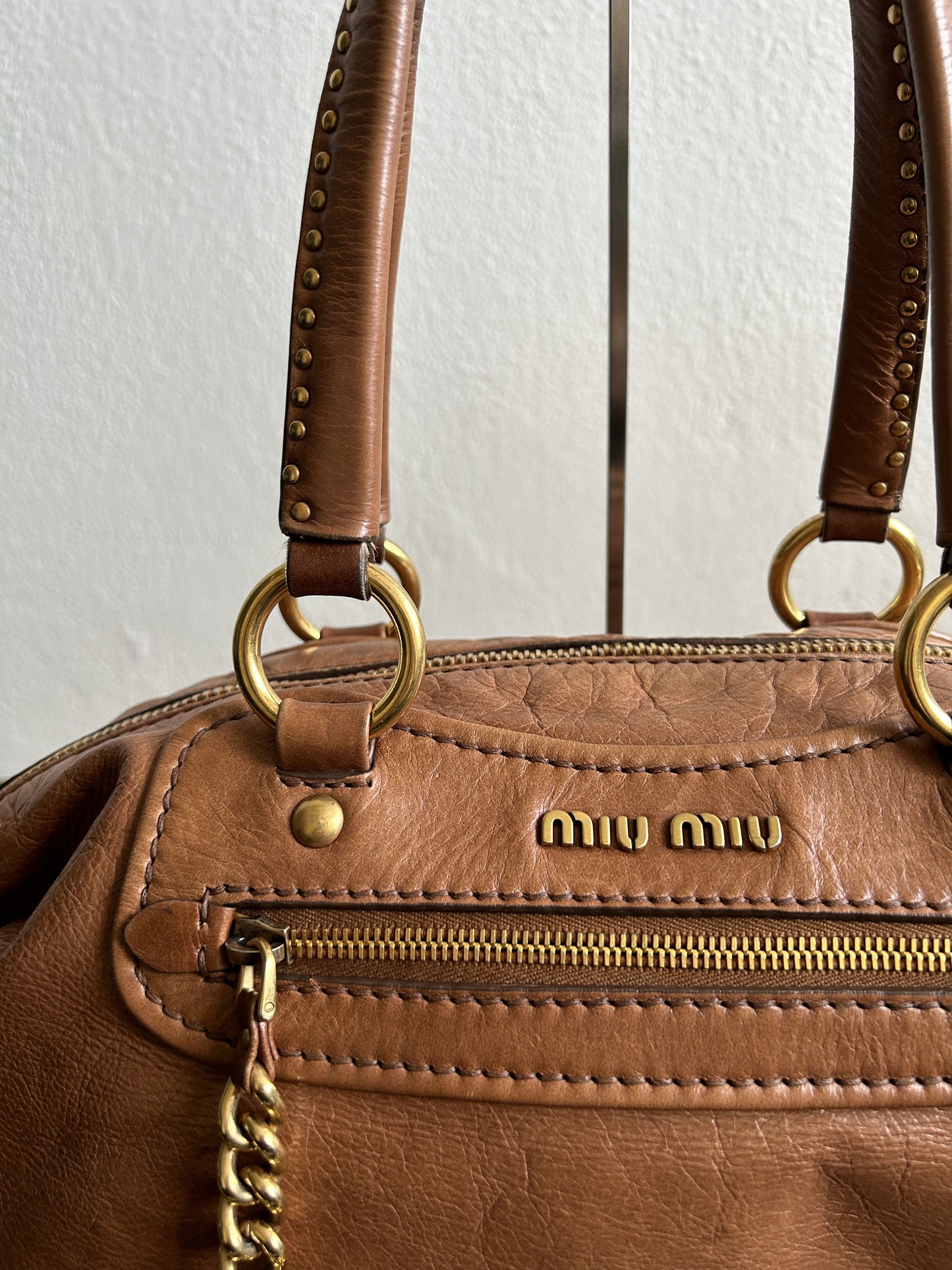 Vintage y2k miu miu leather top zip charm studded handbag