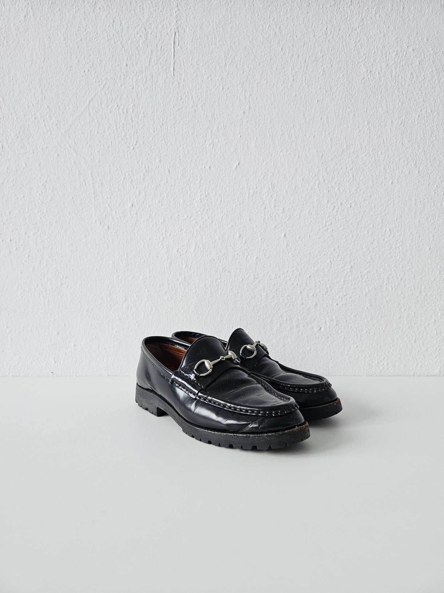 Vintage Gucci notched sole patent leather horsebit loafers