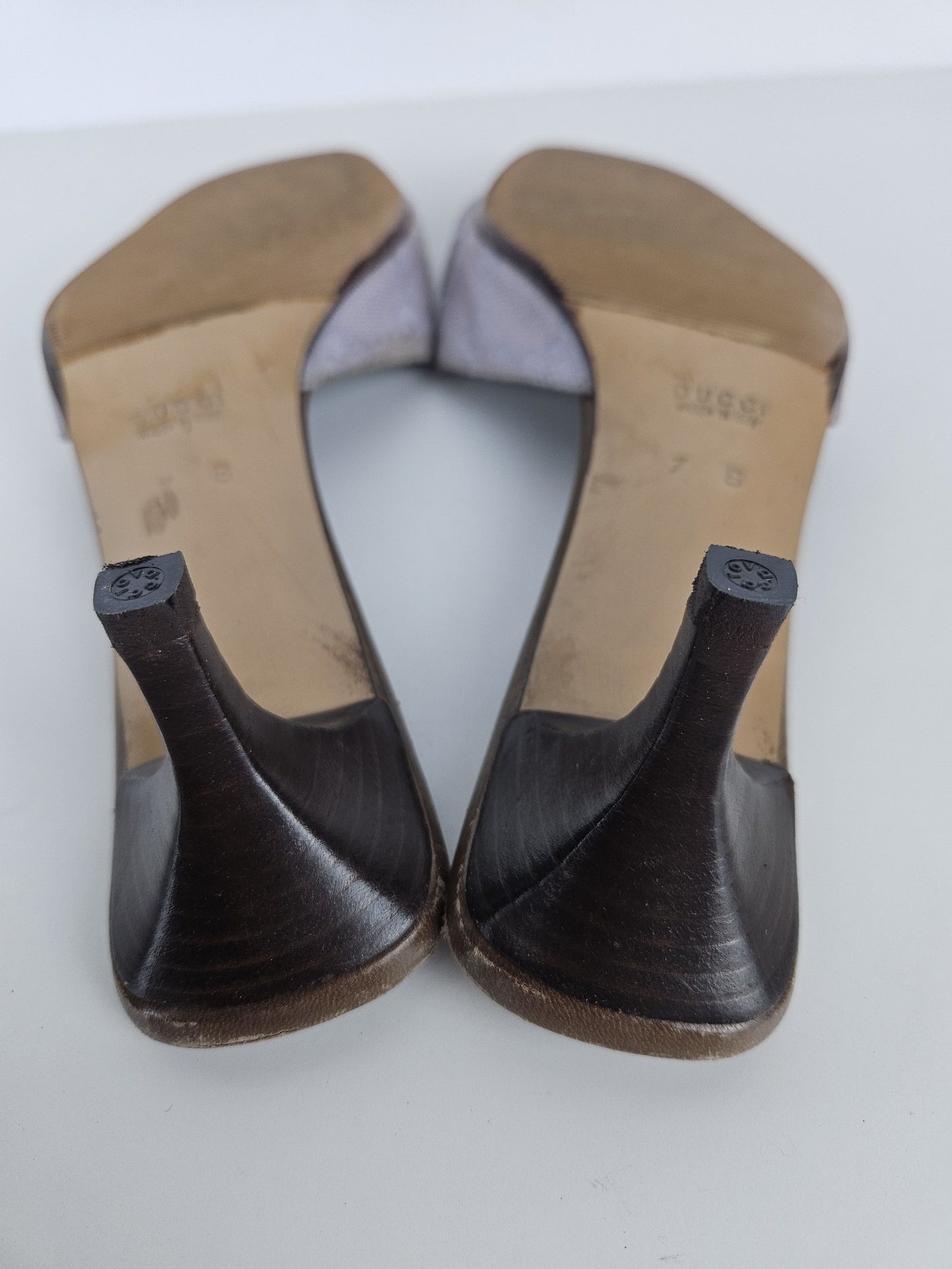 Vintage Gucci monogram canvas high heel open toe mules