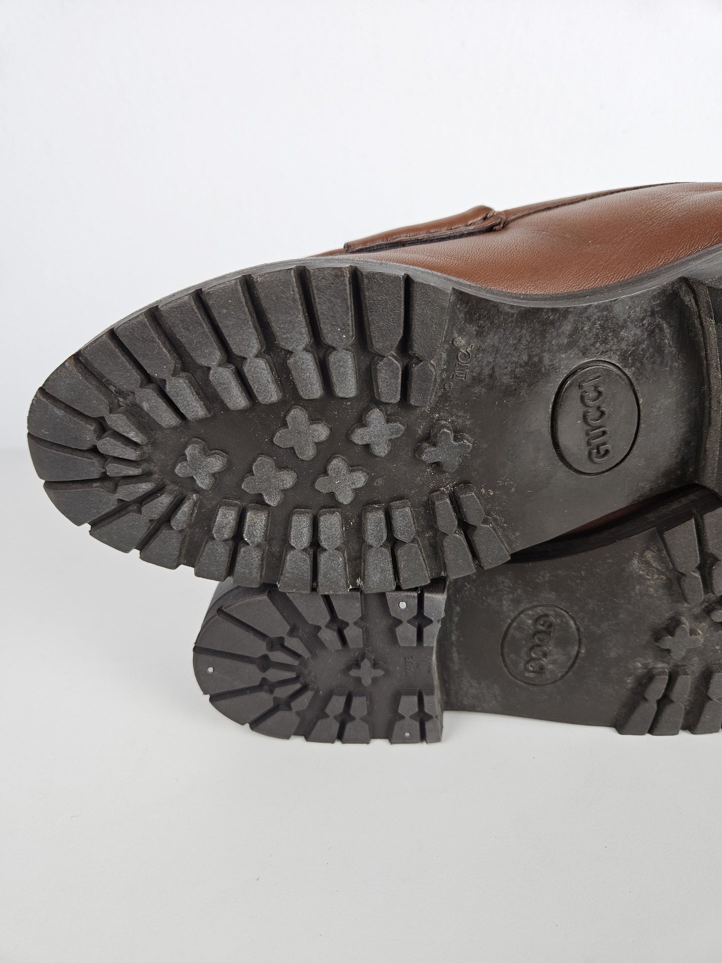 Vintage Gucci leather horsebit loafers with notched thick sole