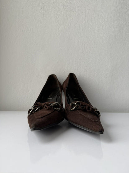 Vintage Prada suede pointed toe chain detail kitten heels