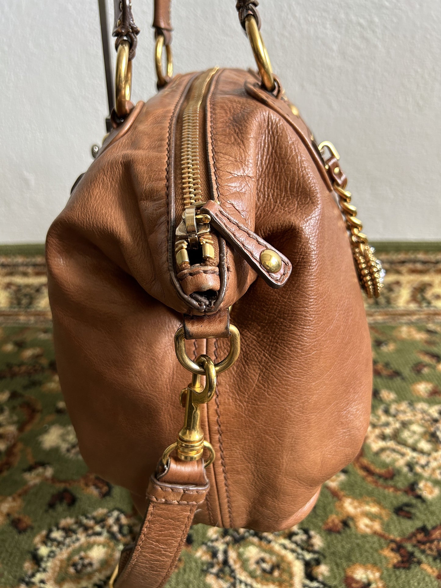 Vintage y2k miu miu leather top zip charm studded handbag