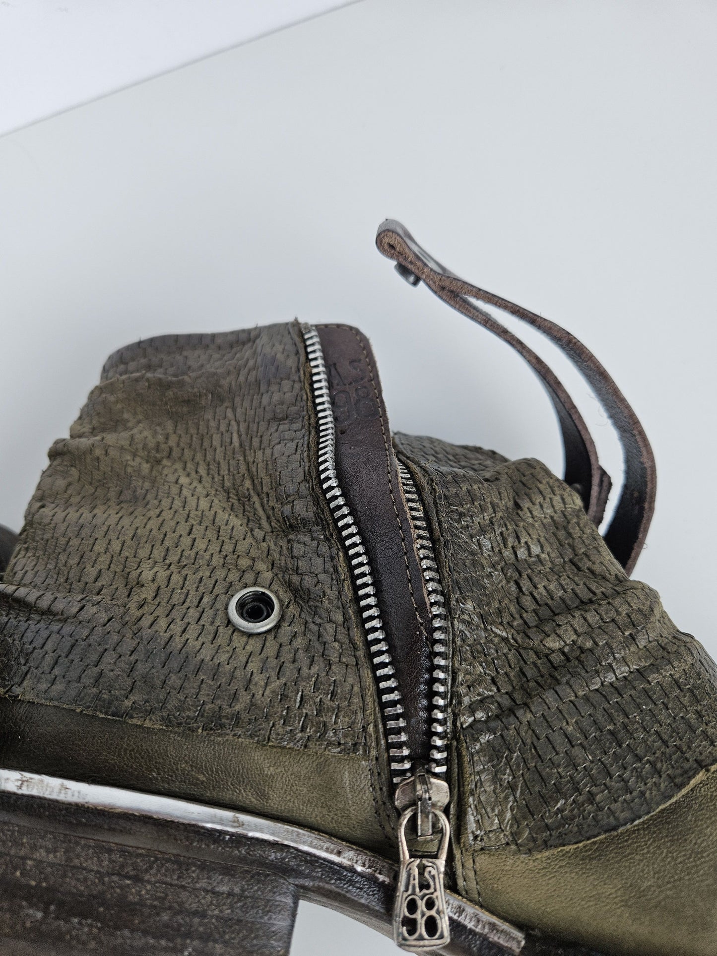 Archive AS98 olive leather bondage side zip ankle boots