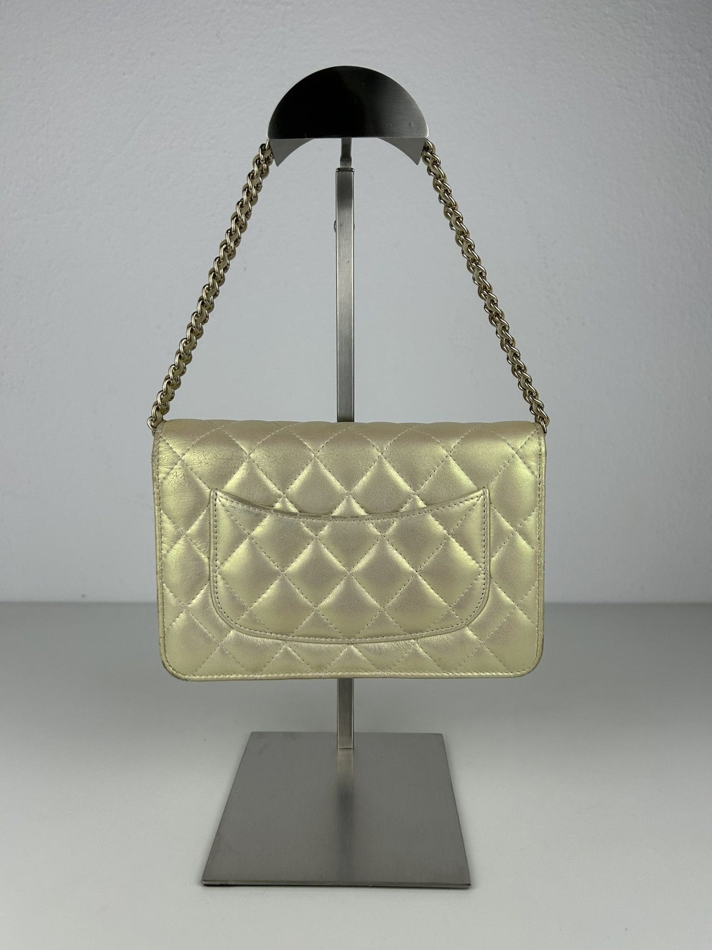 2020 Chanel gold metallic matelasse wallet on chain