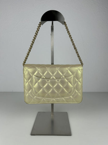 2020 Chanel gold metallic matelasse wallet on chain