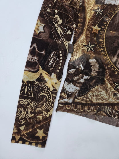 Jean Paul Gaultier jeans native american all over print button up mesh top