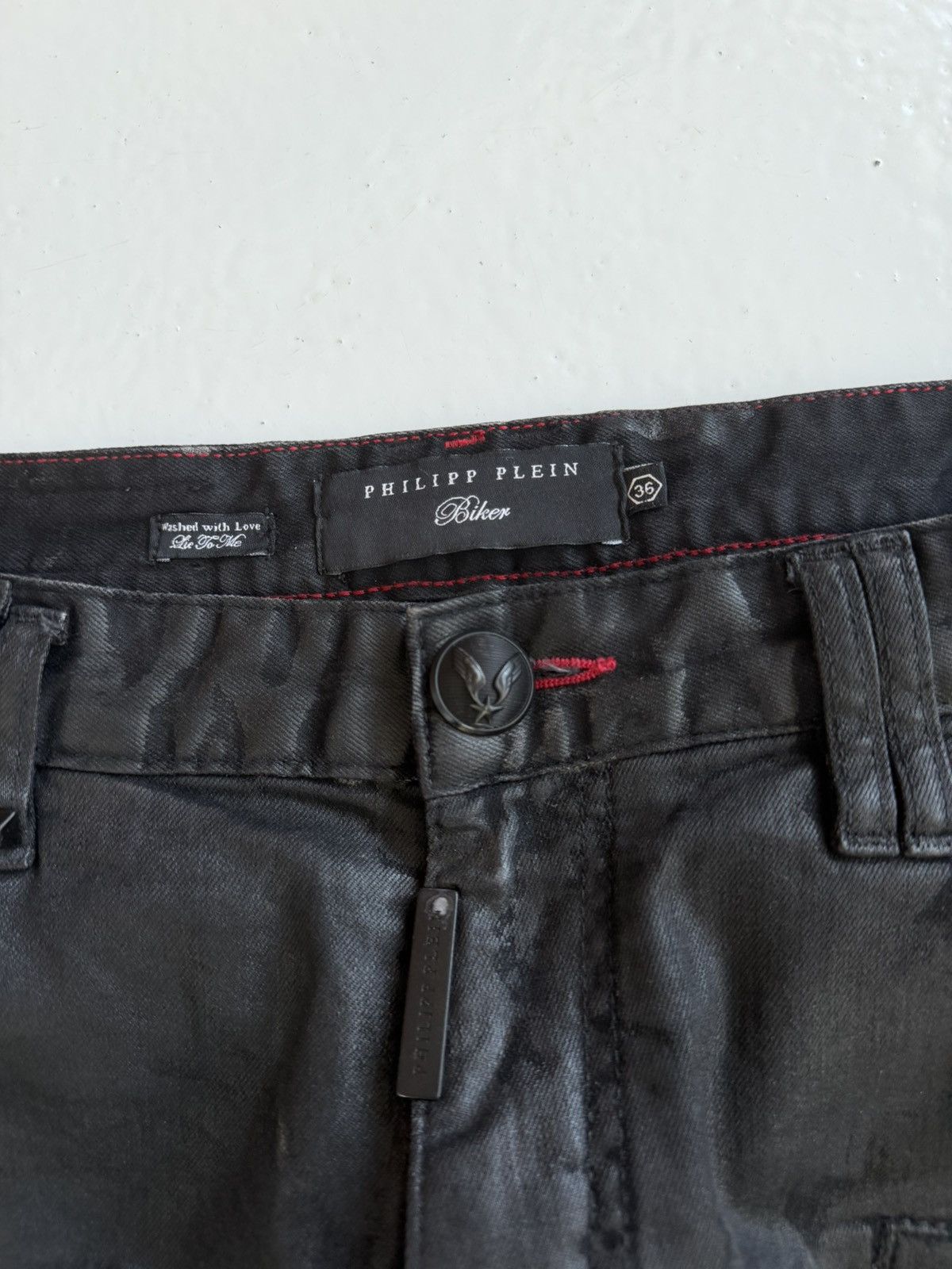 Philipp Plein born&raised distressed waxed biker denim