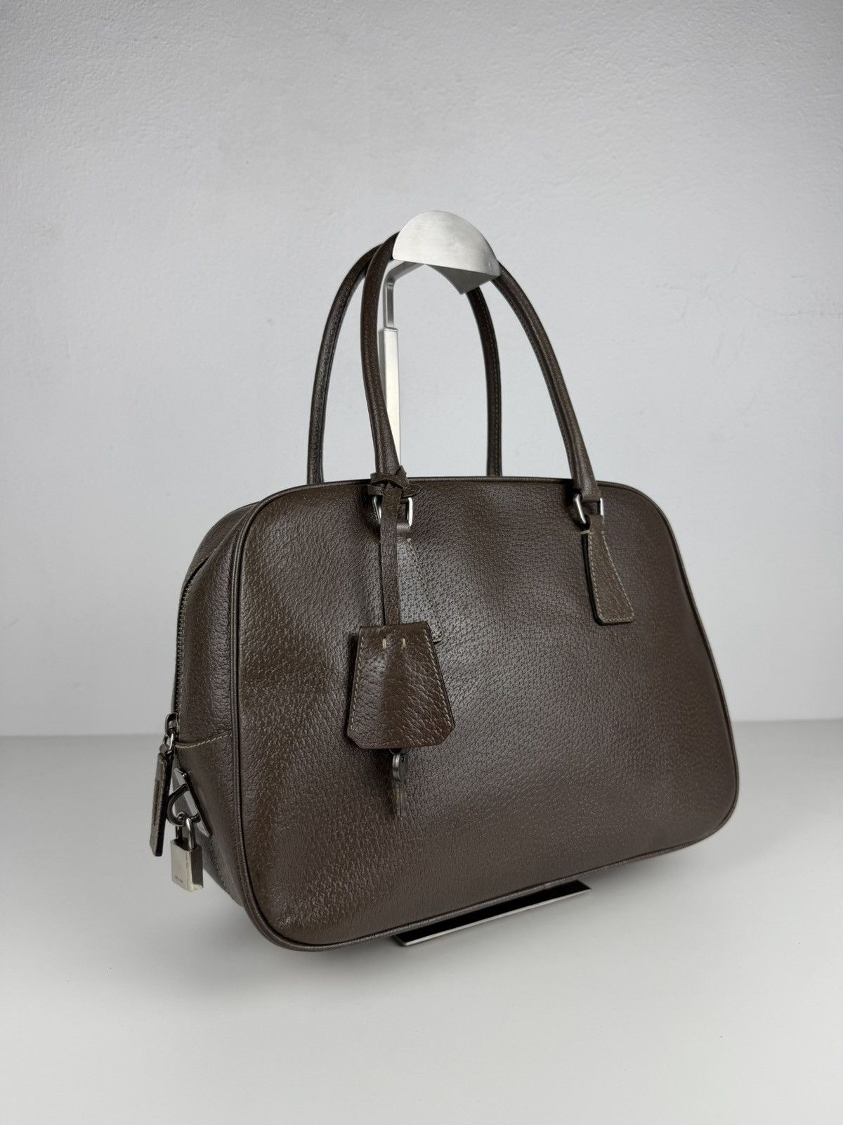 Prada saffiano leather triangle logo mini bowling bag