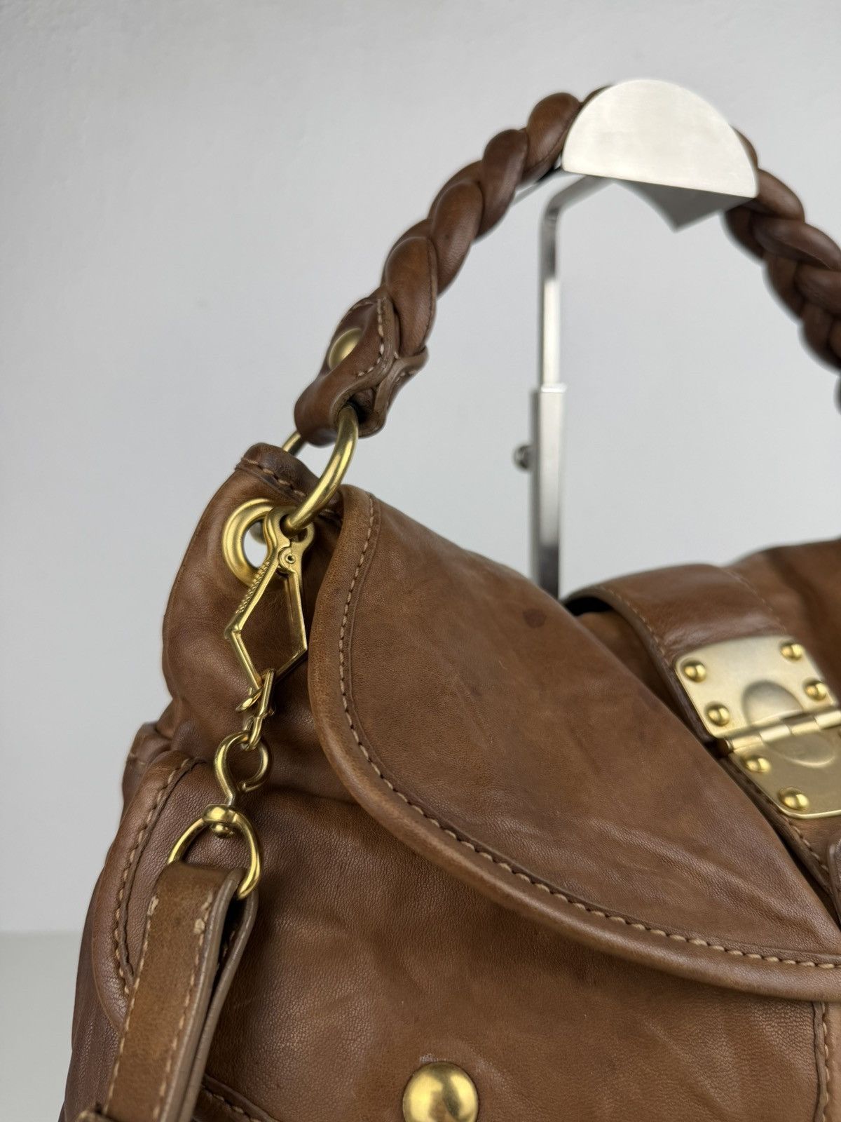 Miu Miu matelasse pleated leather coffer bag in brown