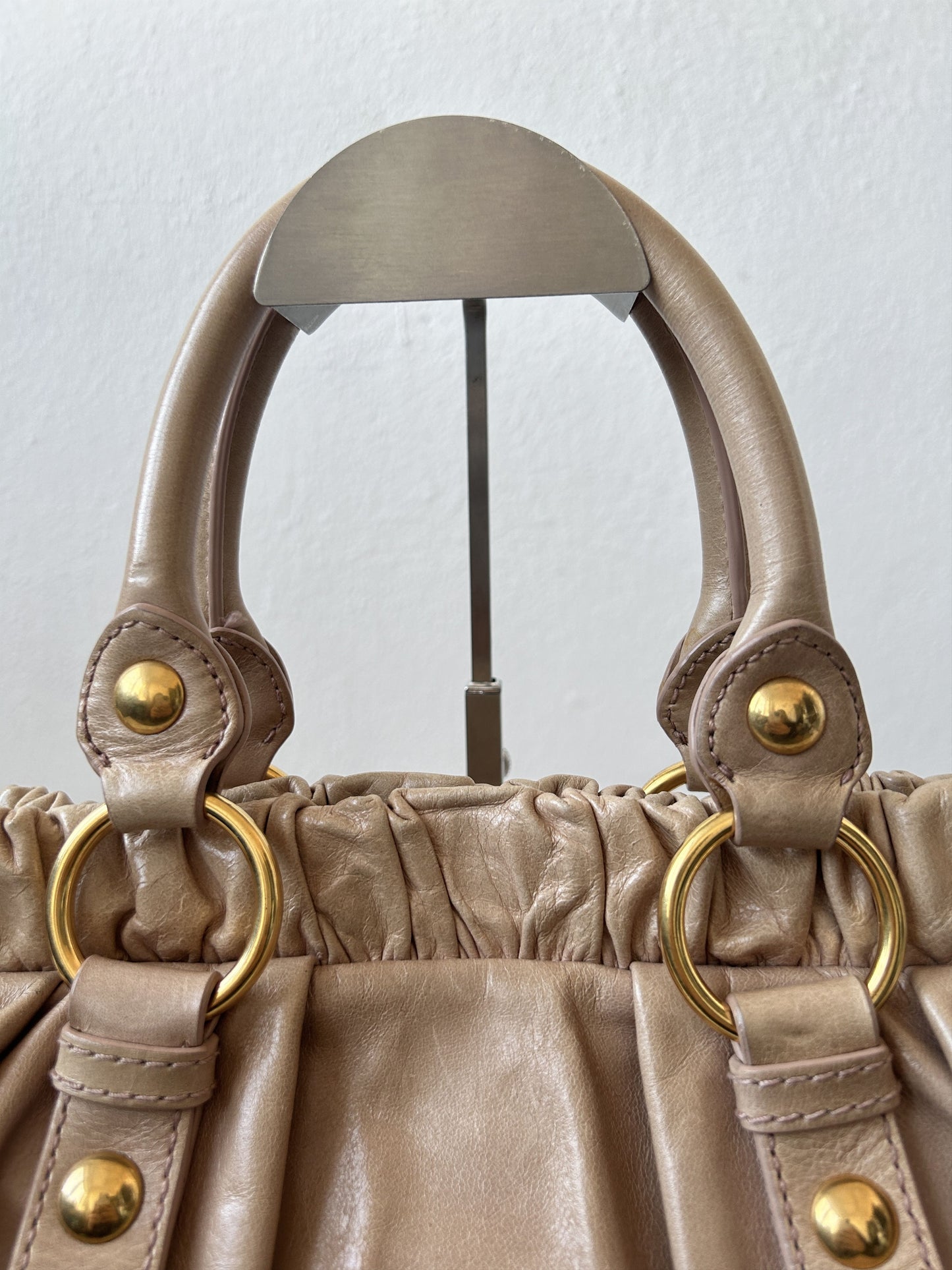 Miu miu vitello bauletto aperto gathered leather handbag