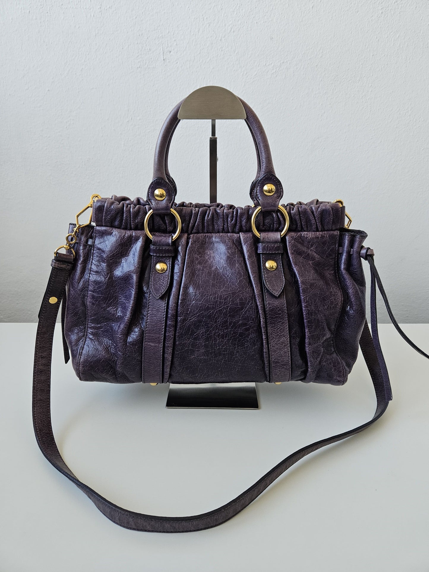 Miu miu vitello bauletto aperto gathered leather handbag