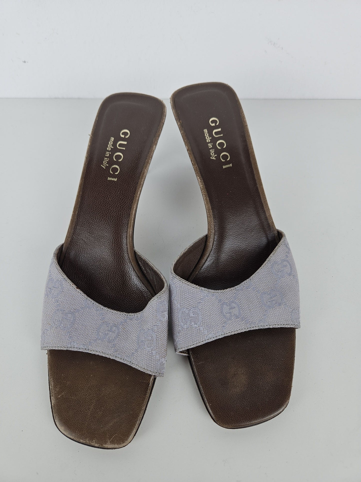 Vintage Gucci monogram canvas high heel open toe mules