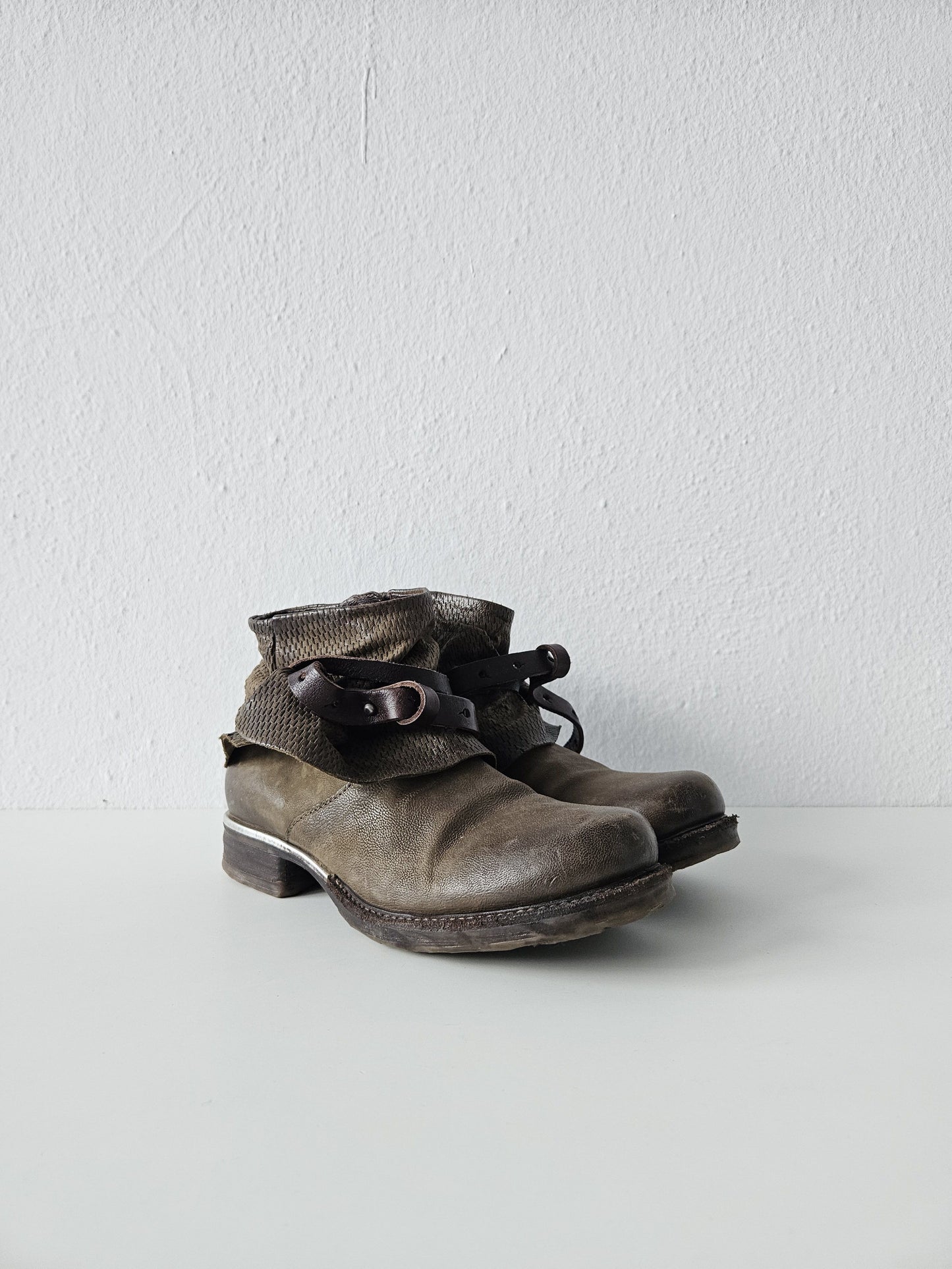Archive AS98 olive leather bondage side zip ankle boots