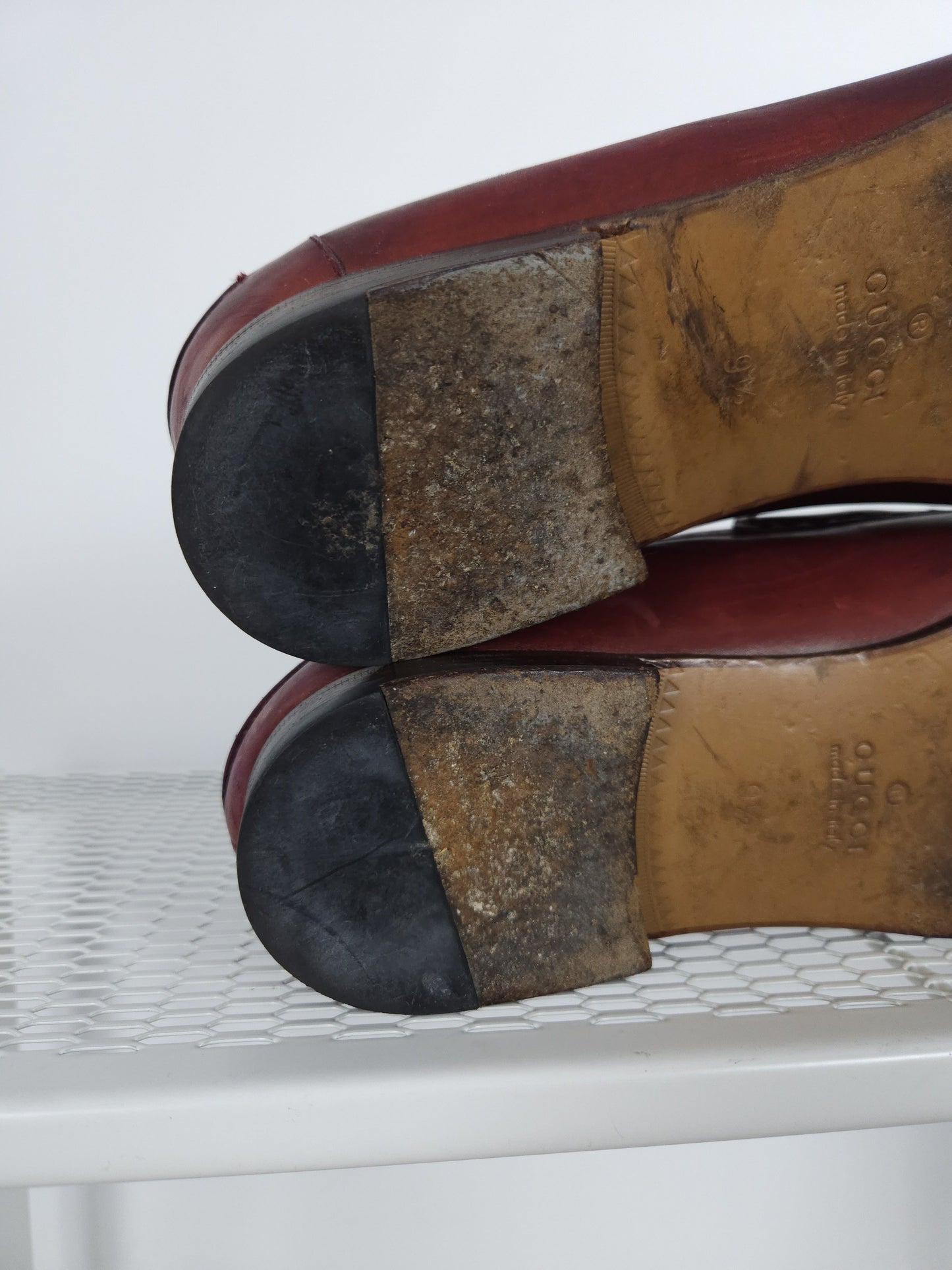 Gucci leather horsebit loafers in distressed red