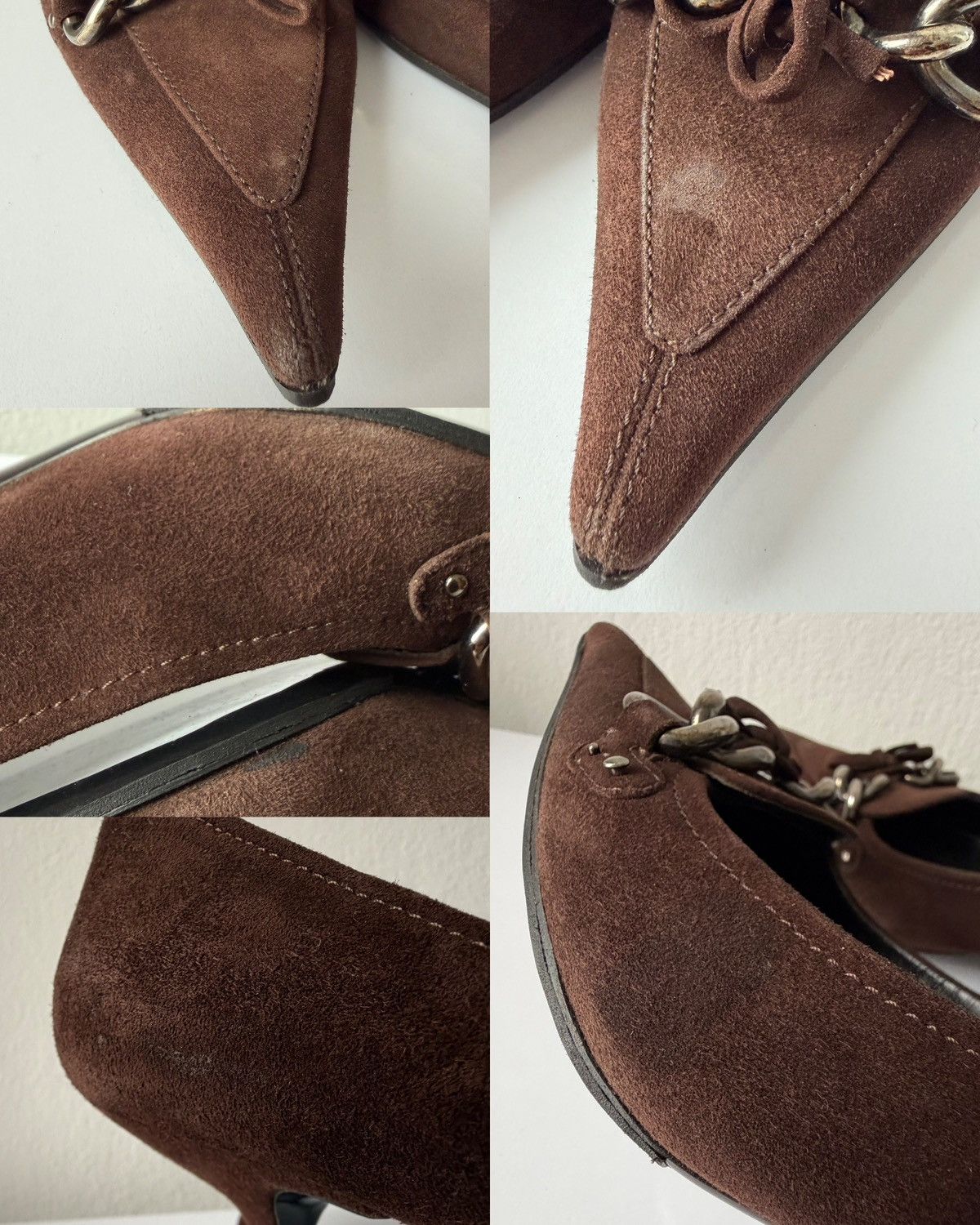 Vintage Prada suede pointed toe chain detail kitten heels