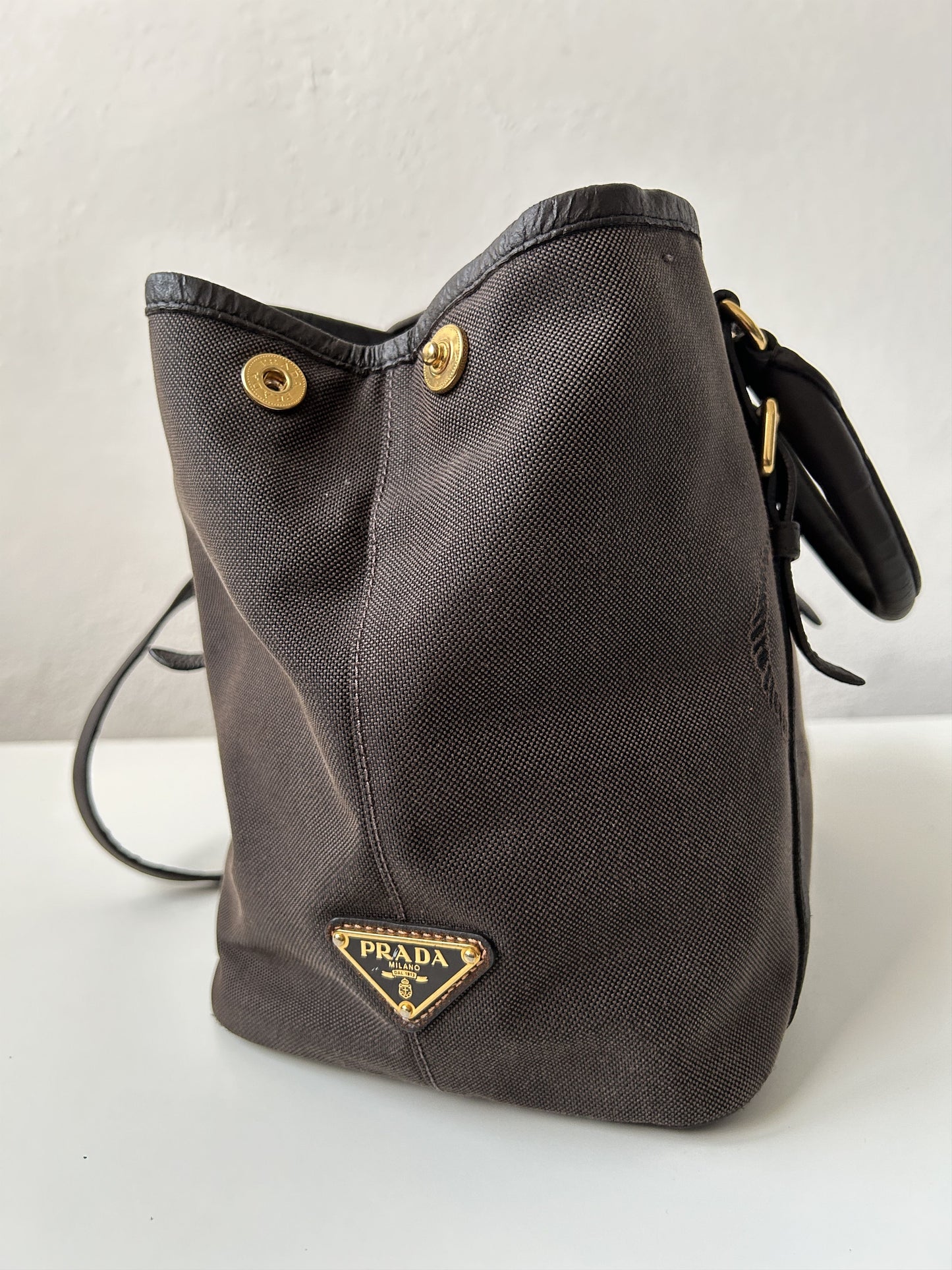 Prada canvas and leather triangle logo tote bag