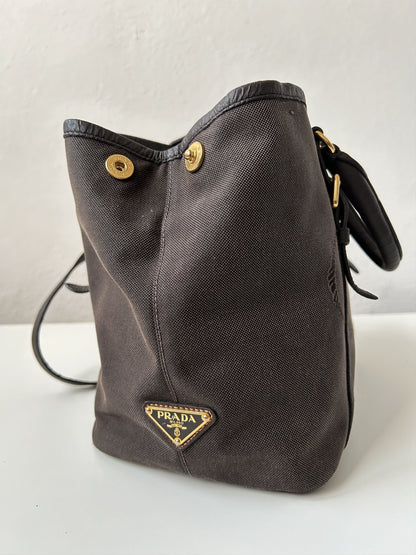 Prada canvas and leather triangle logo tote bag
