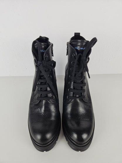 Prada lace up block heel notched sole ankle boots