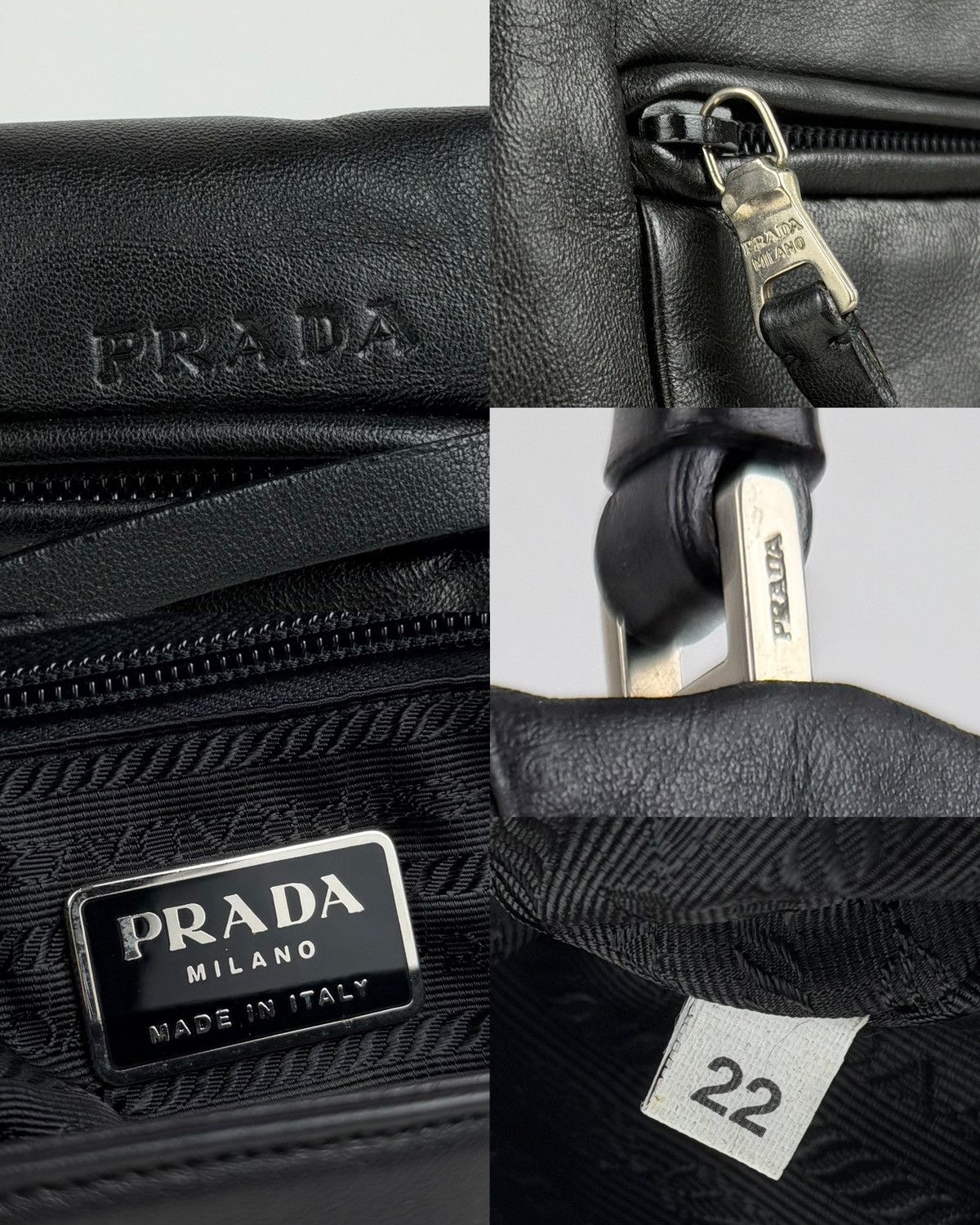 Vintage Prada embossed logo leather shoulder bag