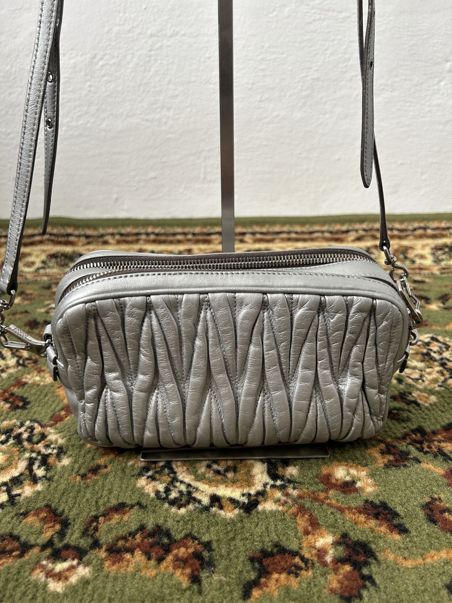 Miu miu matelasse pleated leather silver small crossbody bag