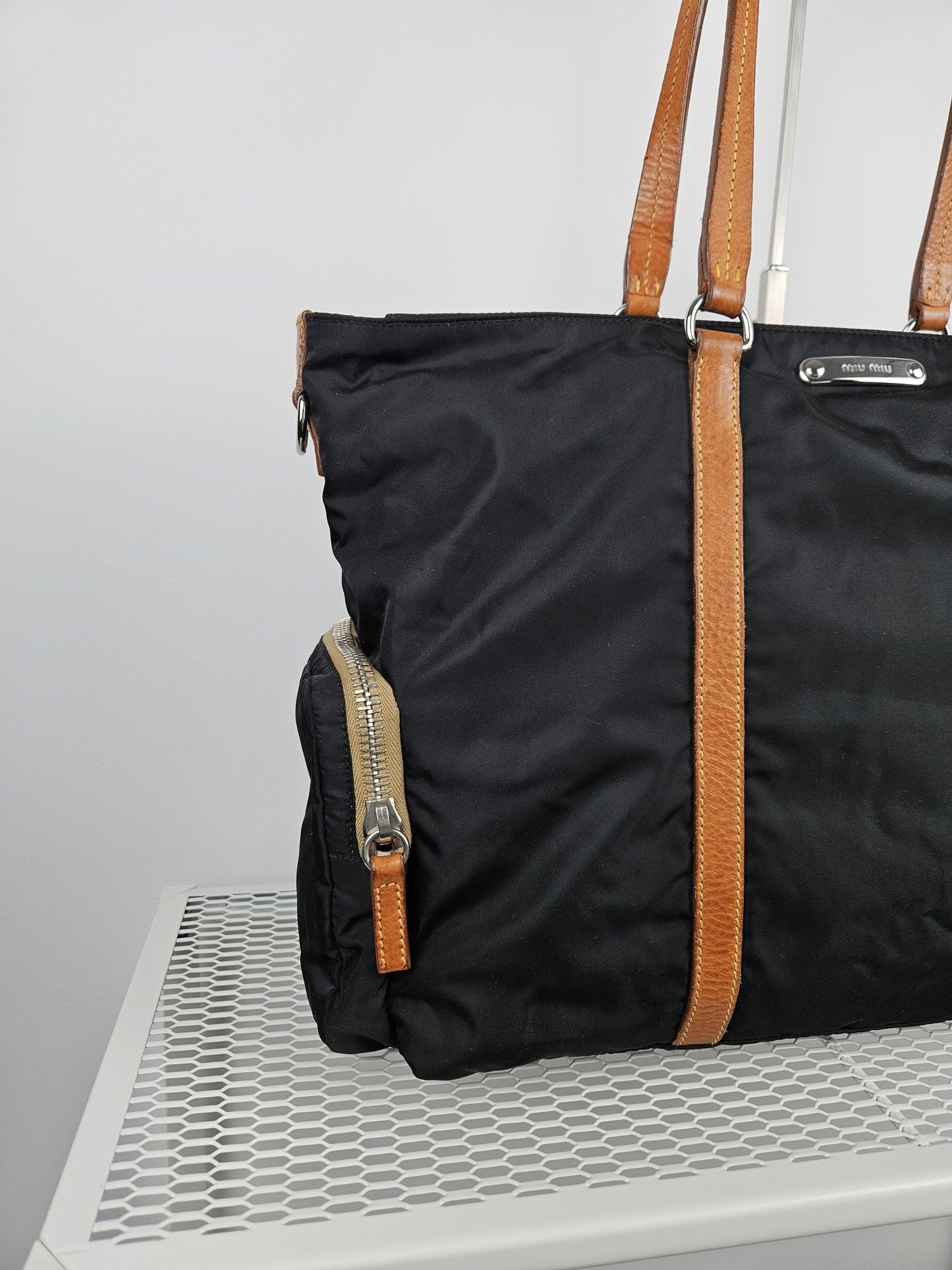 Archive miu miu nylon leather tote bag with cargo pockets