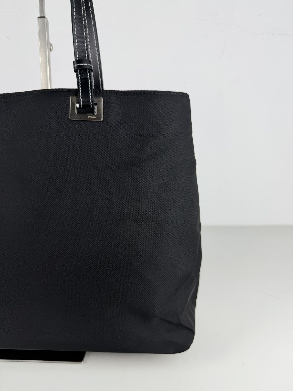 Vintage prada tessuto nylon and leather triangle logo tote