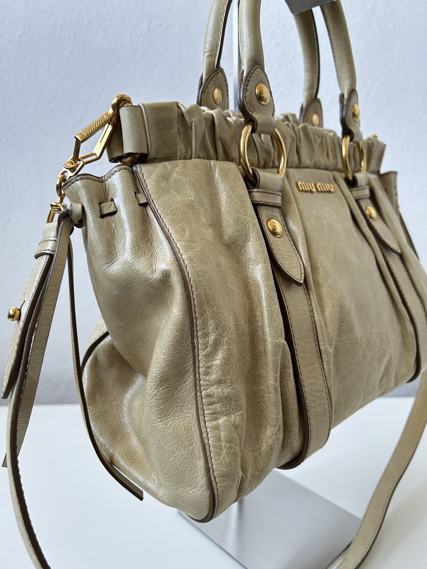 Miu miu vitello bauletto aperto gathered leather handbag