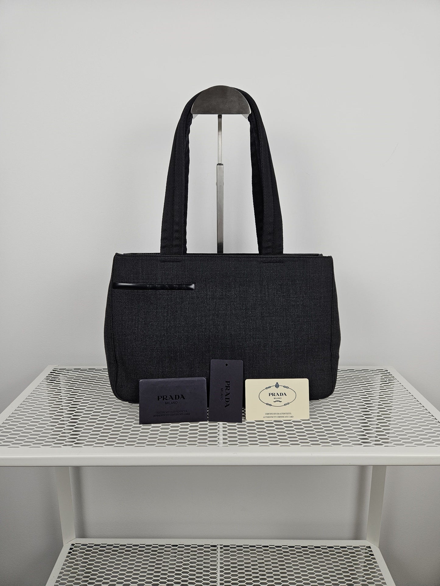 Archive AW1999 prada sport black tab wool and nylon tote bag