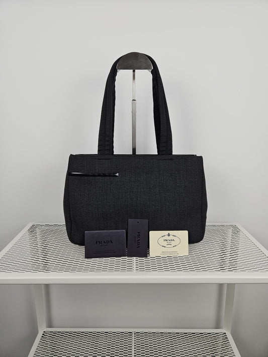Archive AW1999 prada sport black tab wool and nylon tote bag