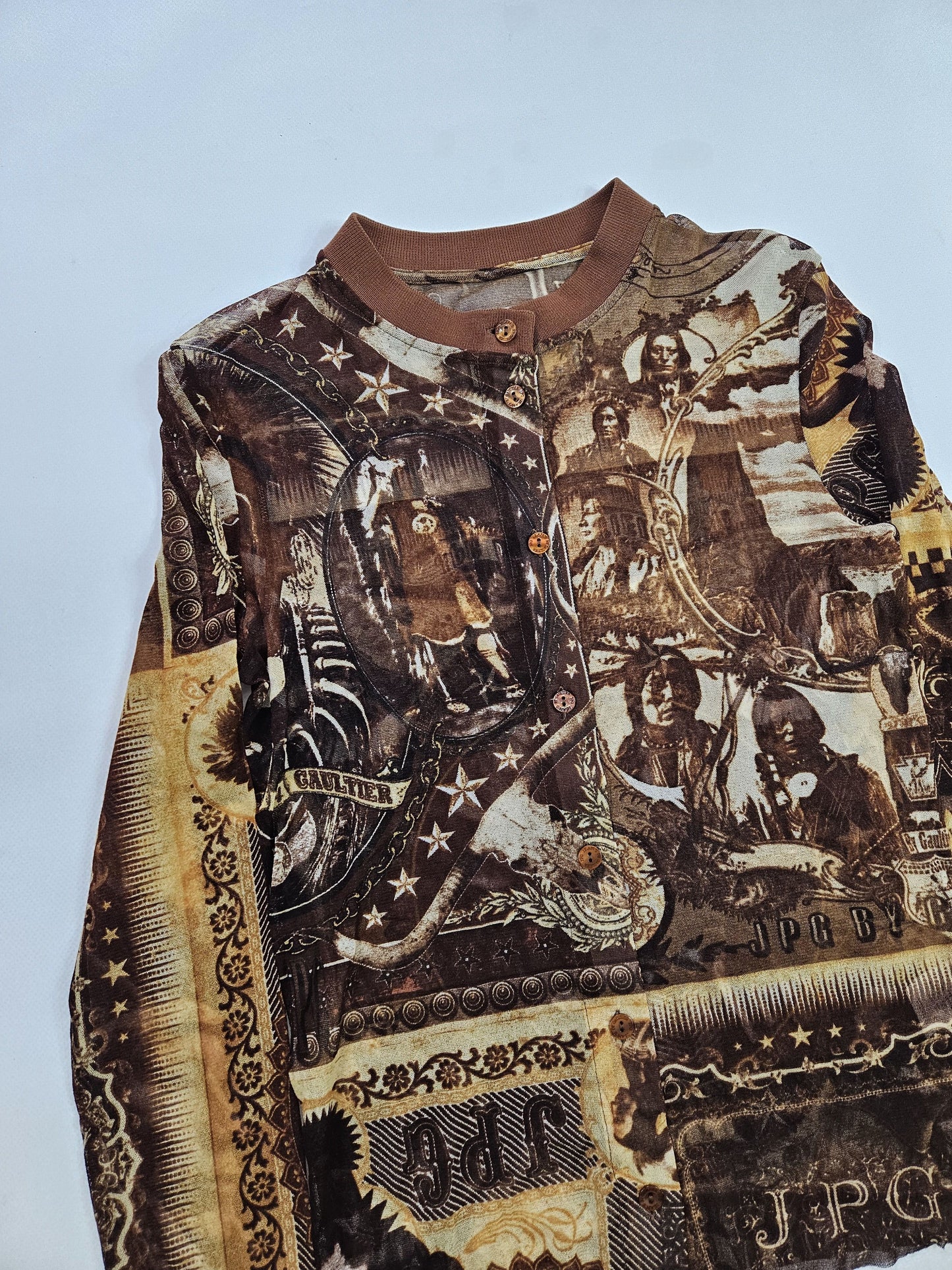 Jean Paul Gaultier jeans native american all over print button up mesh top